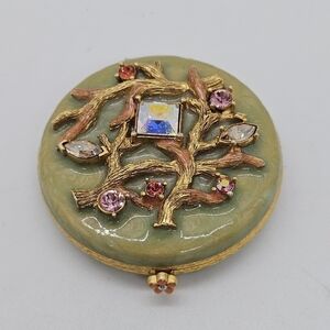 Jay Strongwater mirror compact green enamel with branches and rhinestones